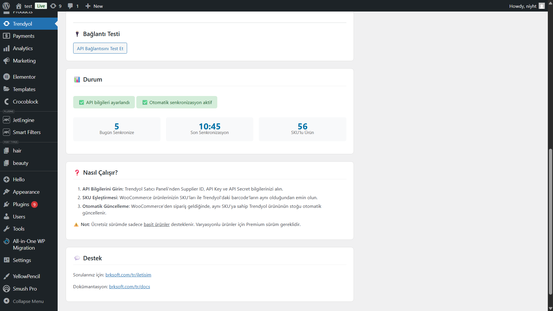 API bağlantı testi