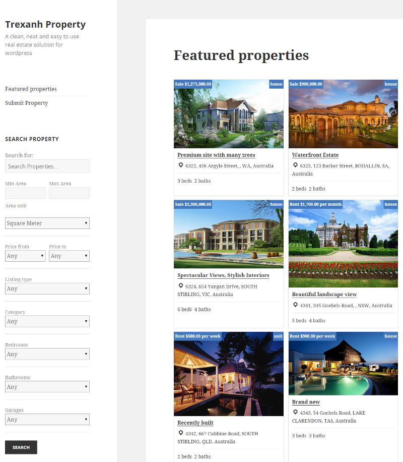 **Frontend** > Search property, Property listing