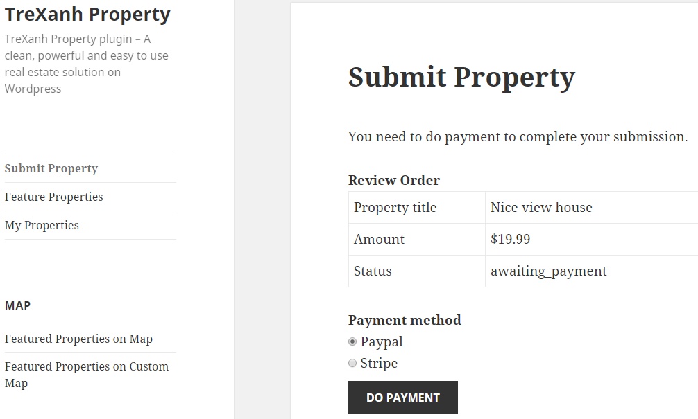 **Frontend** > Property submit payment