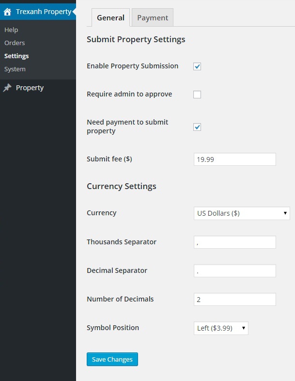 **Backend** > Submit property setting