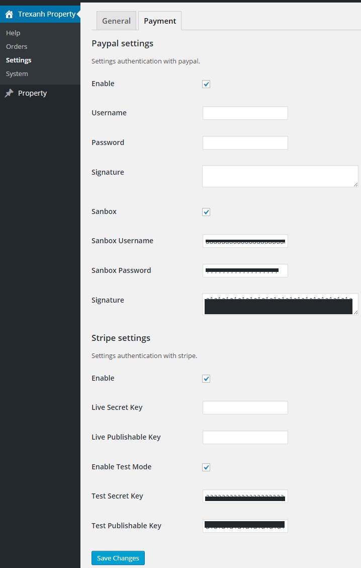**Backend** > Paypal, Stripe setting