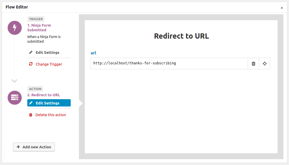 An example of a flow redirecting to a URL once a form has been submitted