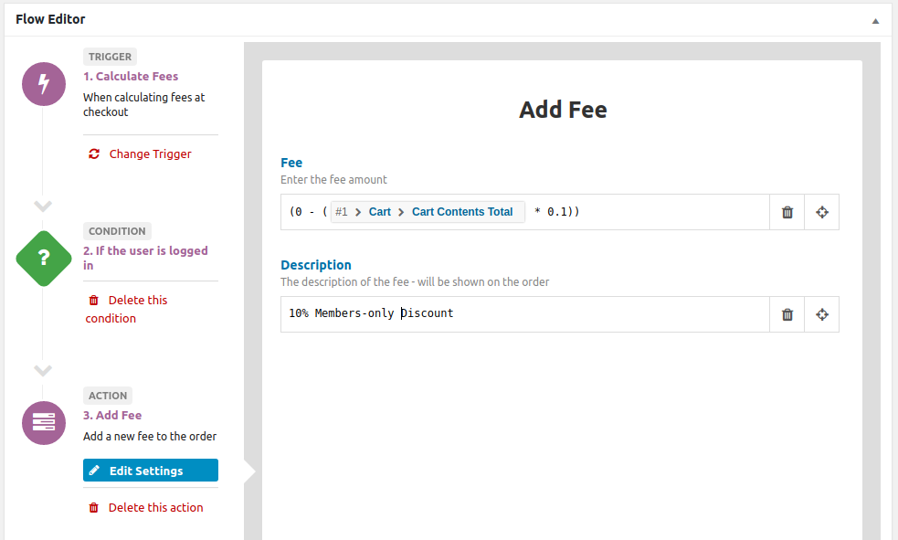 Flow showing a members-only WooCommerce discount for logged in users