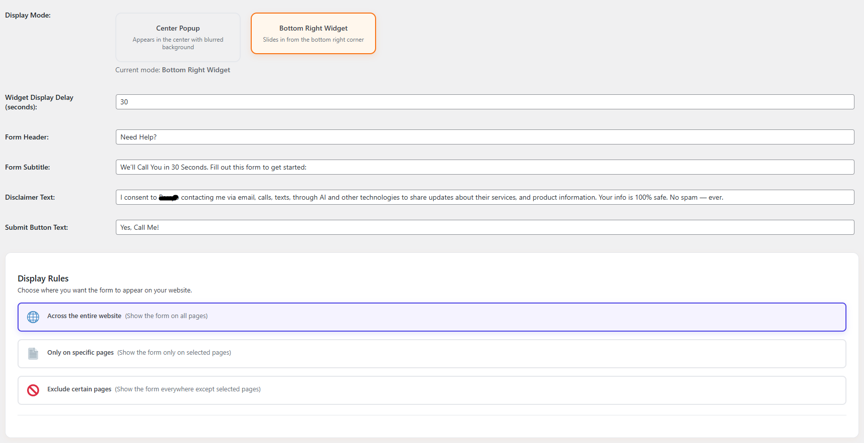 Plugin Settings Page 2 – More pop-up form options.