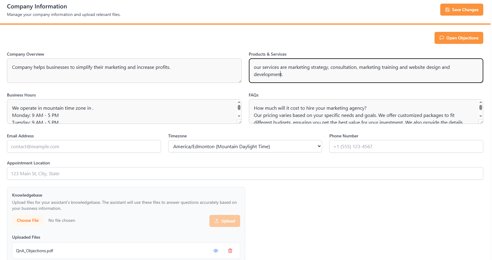 Company Information – Add your company info and knowledge base to TriggerVox.