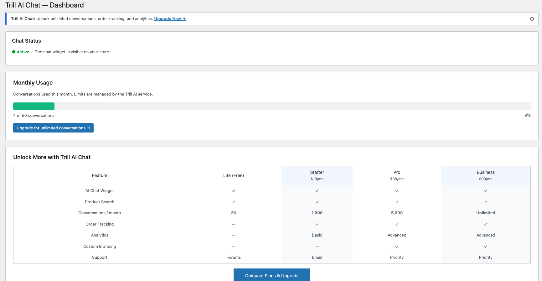 Admin dashboard with chat status, monthly usage tracker, and plan comparison table