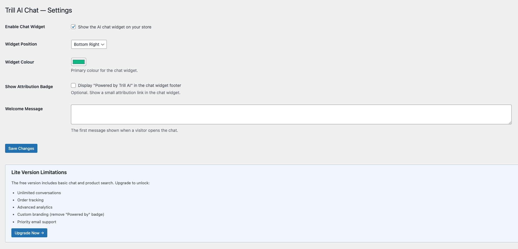 Settings page — customise widget colour, position, welcome message, and attribution badge