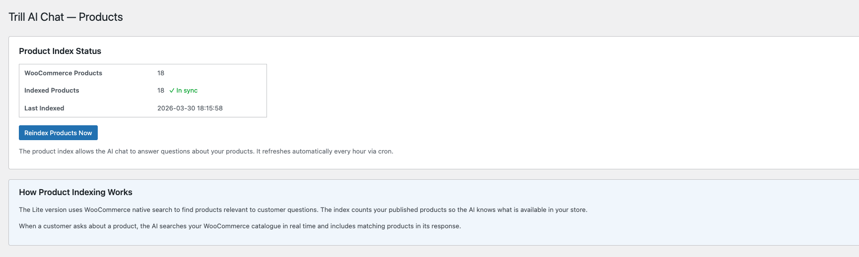Product index status showing WooCommerce products synced and ready for AI search