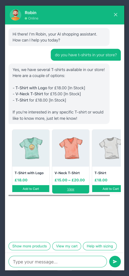 Mobile chat — Robin answering product questions with cards and add-to-cart buttons