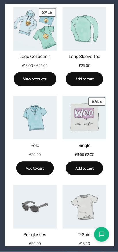 Mobile storefront with the chat toggle button — minimal, non-intrusive design