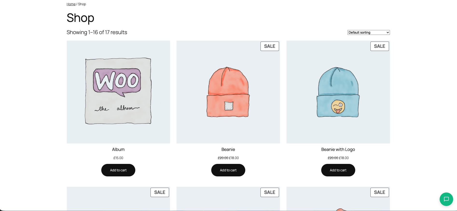 Desktop storefront showing the chat toggle button in the bottom-right corner