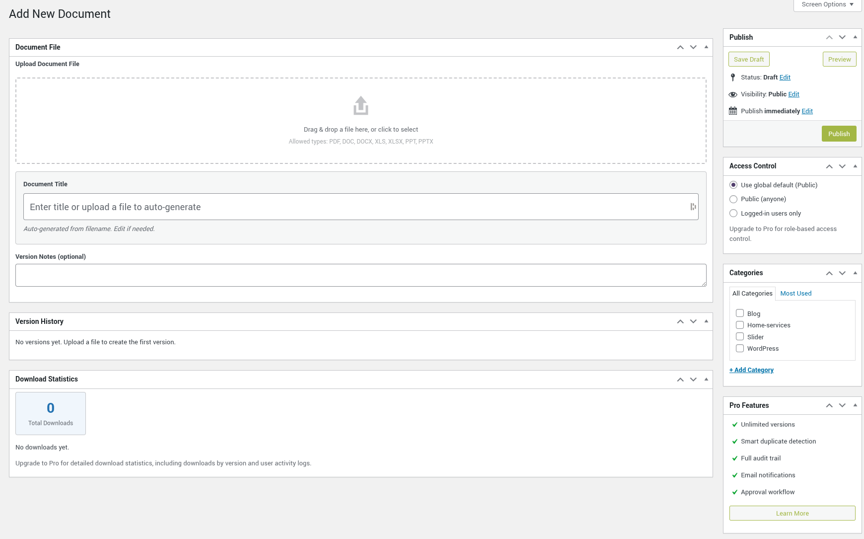 Add new document screen with drag-and-drop upload, access control, and categories.