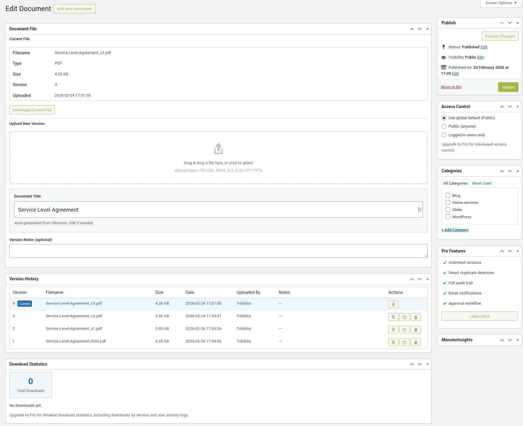 Version history metabox with restore and delete options.