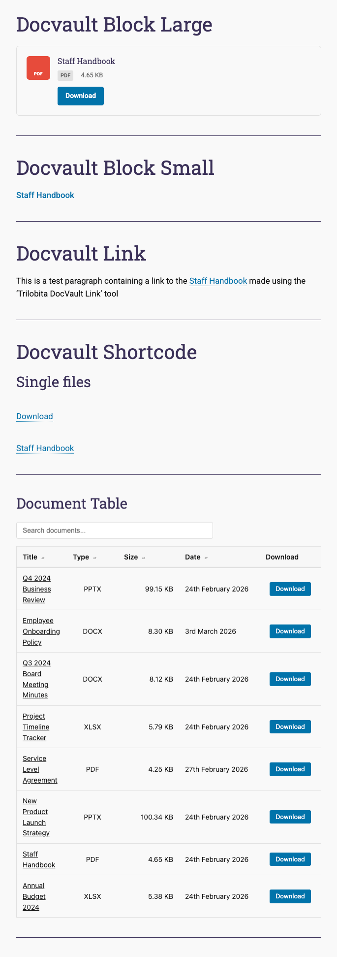 Frontend display with document blocks, shortcodes, and searchable table.