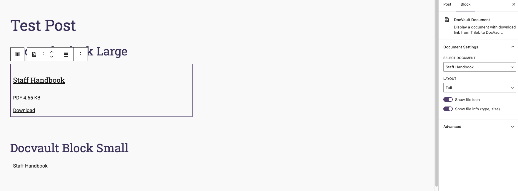 Gutenberg block editor with Trilobita DocVault block settings.