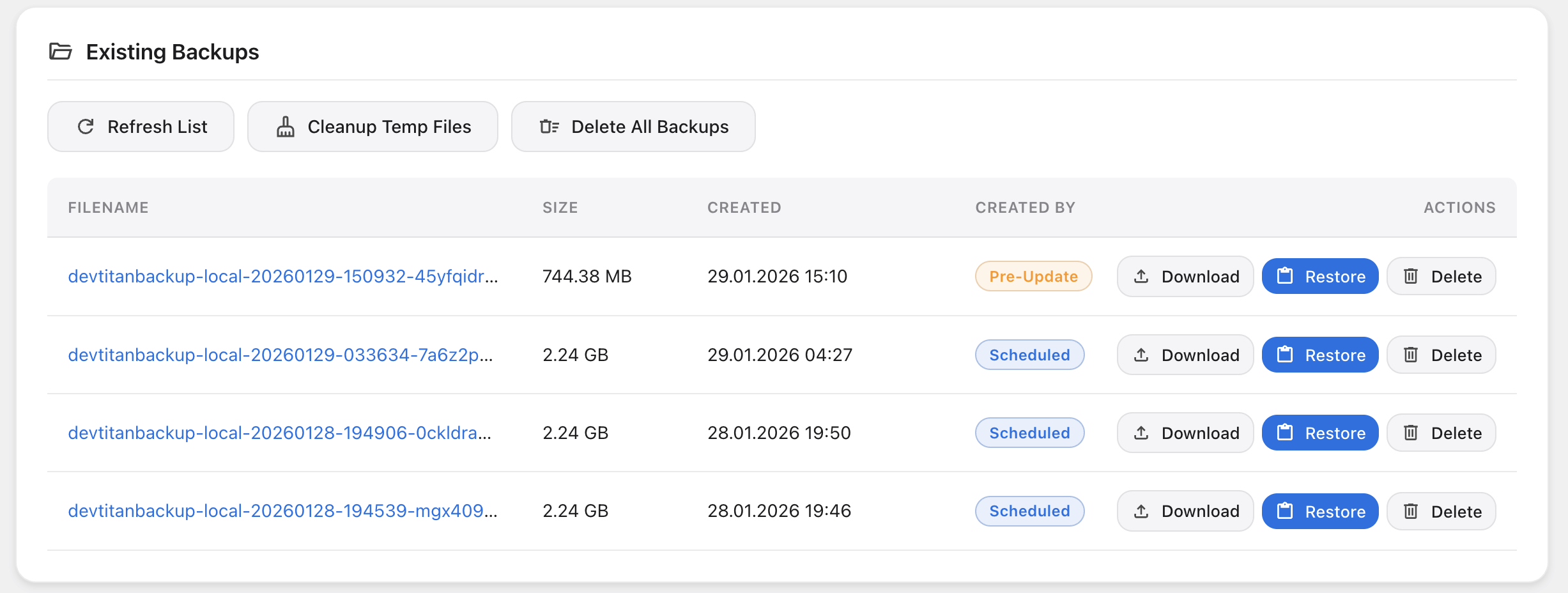 Backup list — manage all existing backups with size, date, and actions