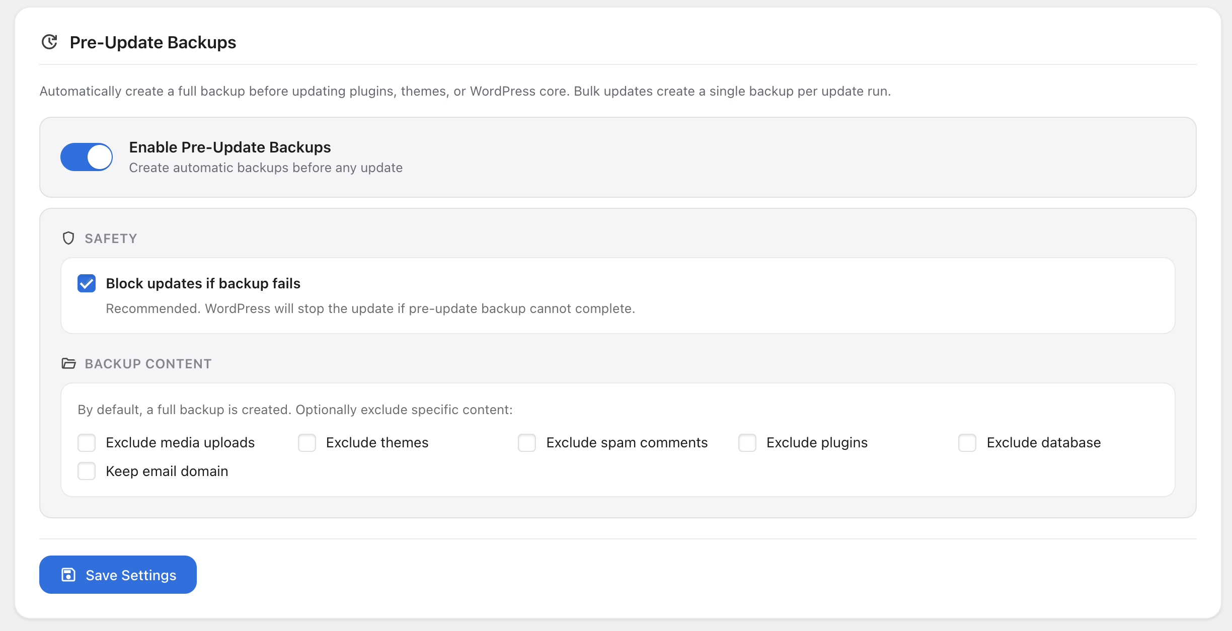 Pre-update backups — automatic safety backups before any WordPress update