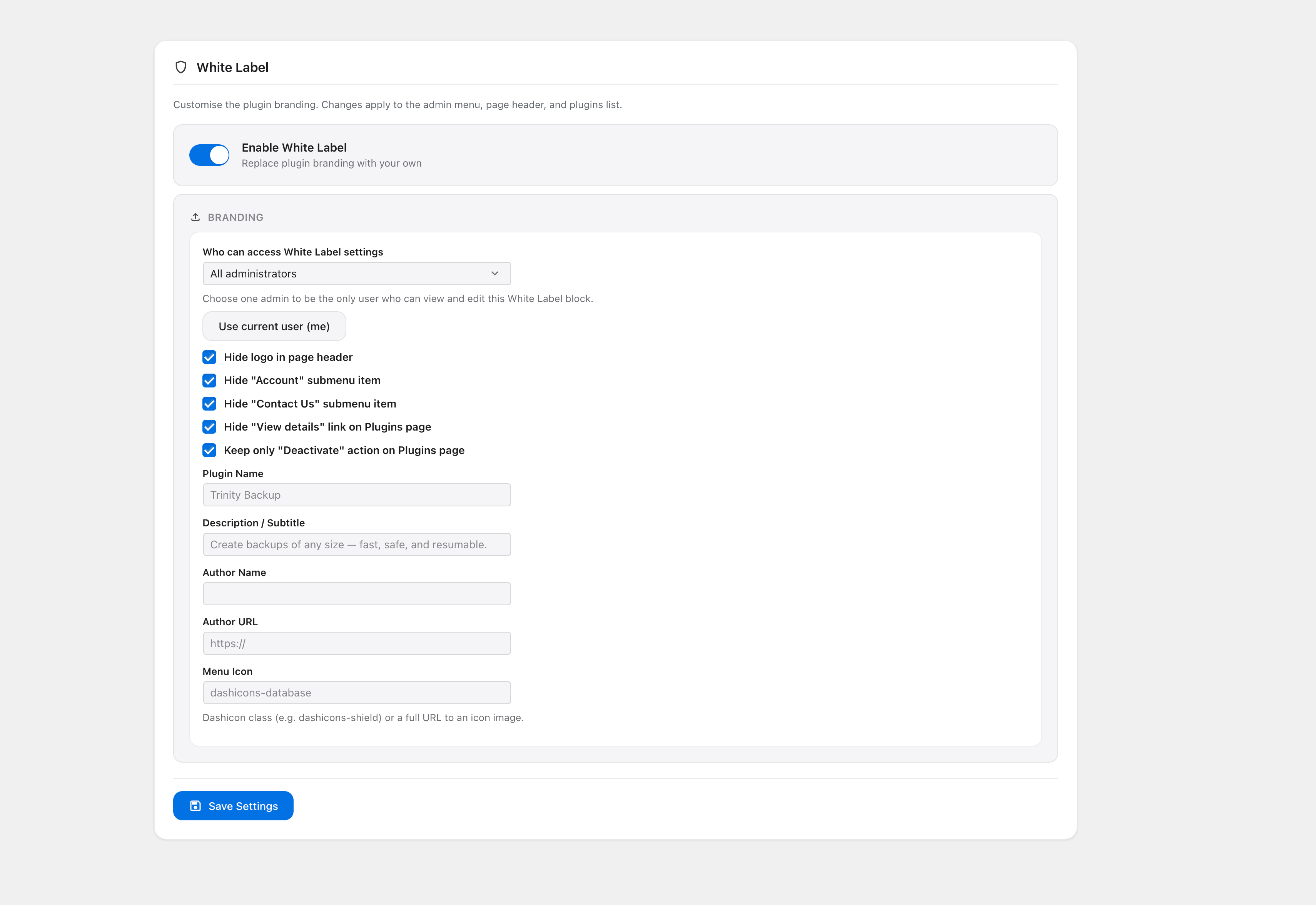 White label — rebrand the plugin for client sites