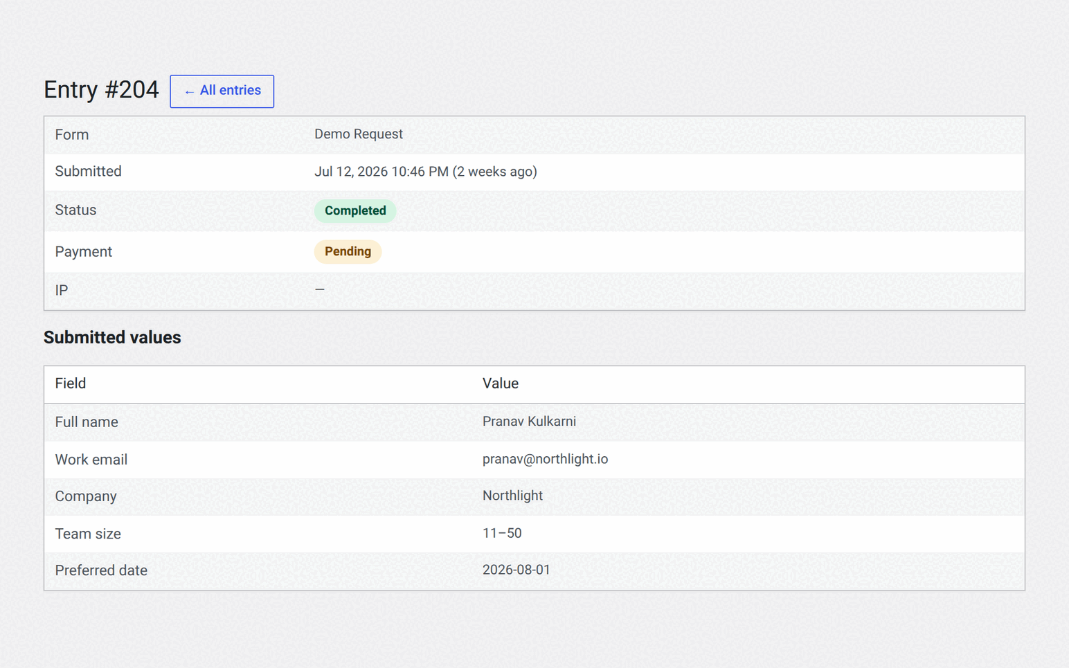A single entry, showing every submitted field value alongside its status and payment.