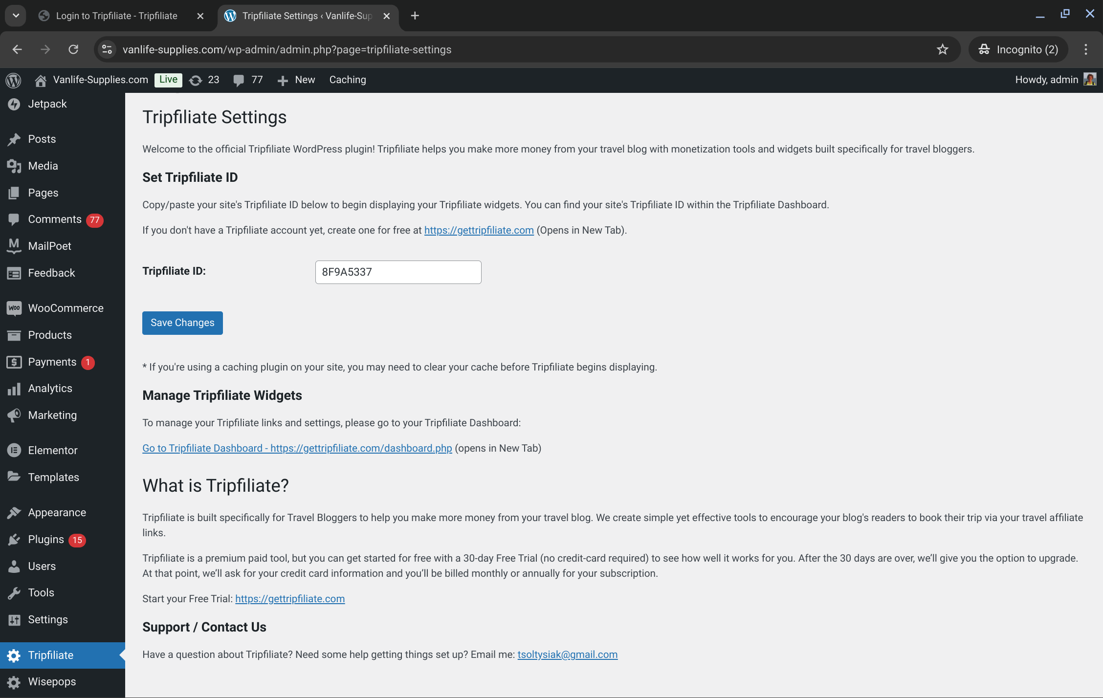 **Tripfiliate WordPress Plugin Configuration**: Easily add your Tripfiliate ID to include the Tripfiliate code on your blog.