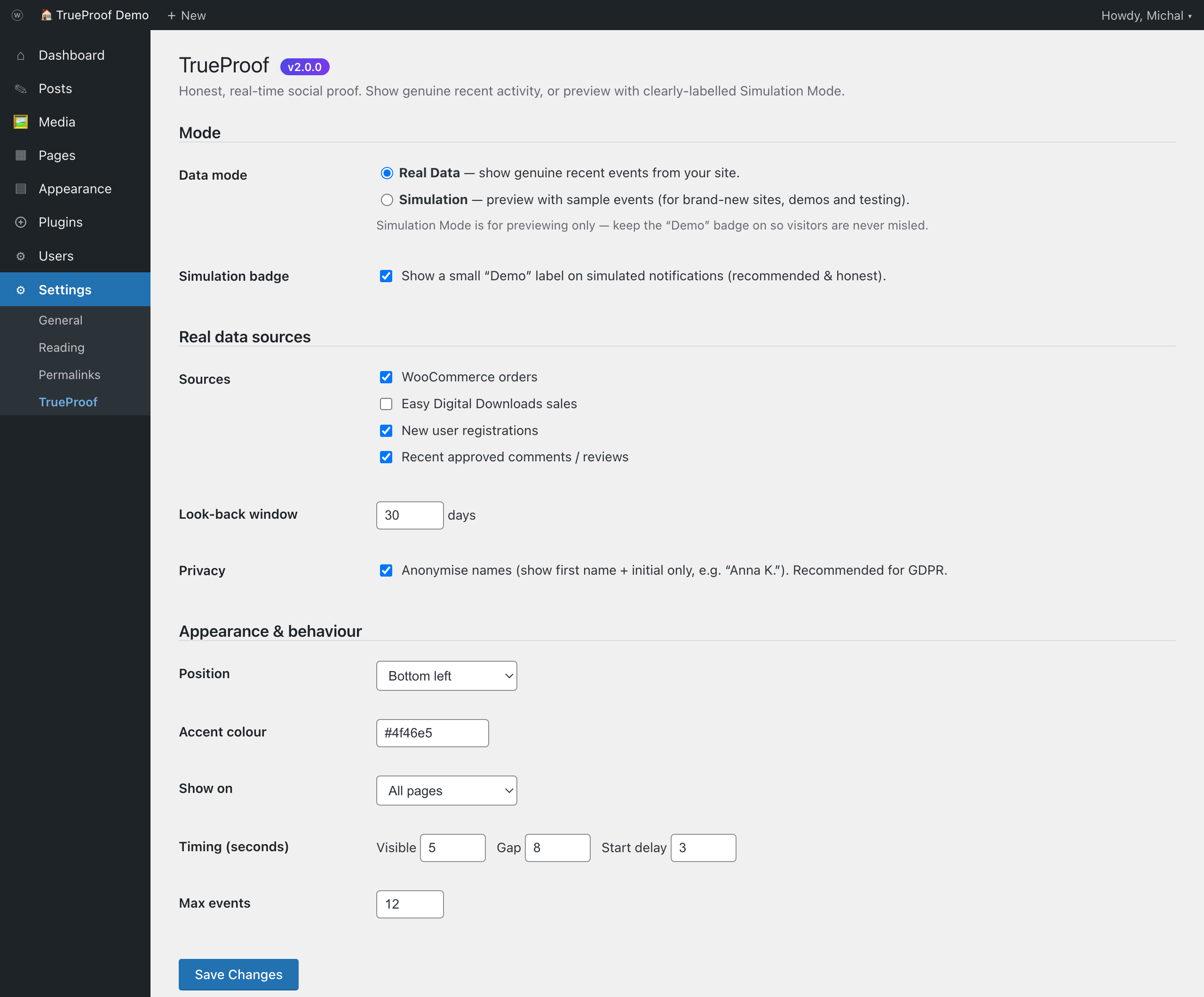 Settings screen — choose mode, sources and appearance.
