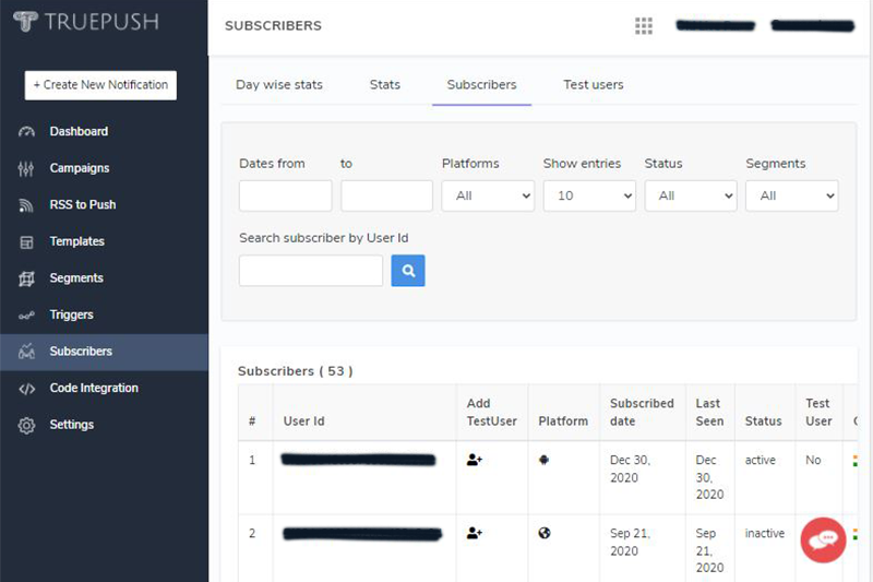 Truepush subscribers page, where you can see your subscribed users.