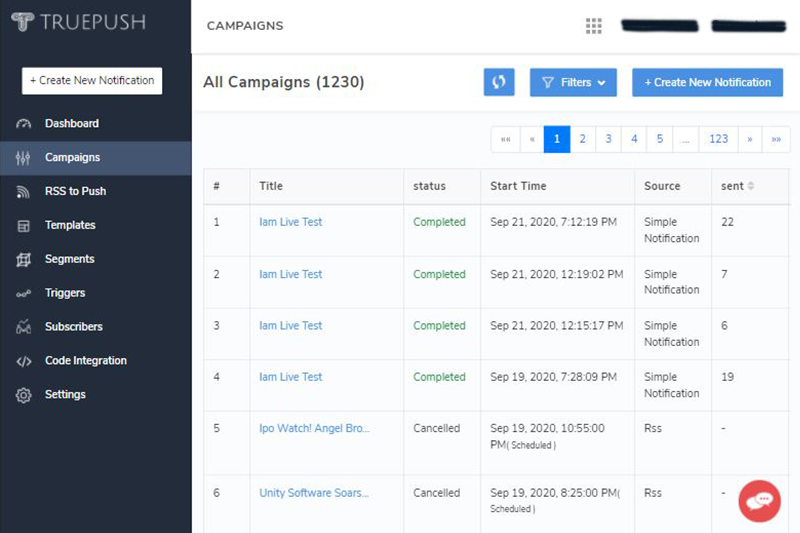 Truepush campaigns page, where you can see the status of your sent notifications.