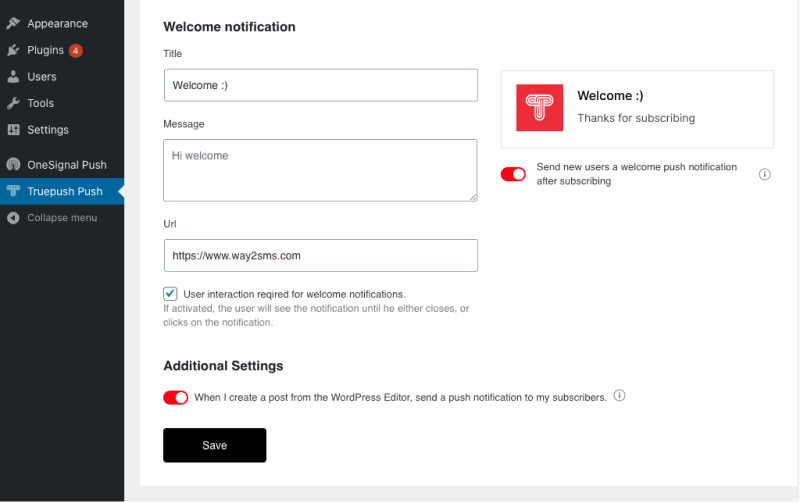 Truepush Wordpress welcome notification options.