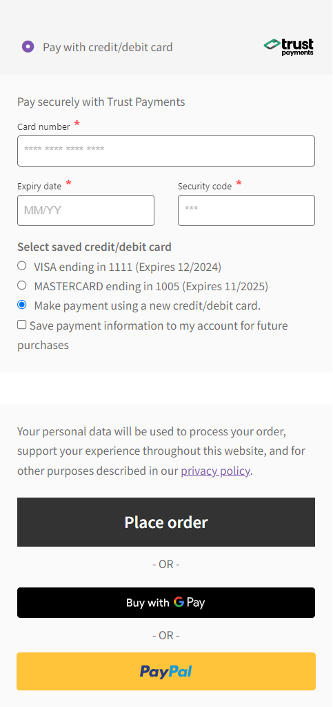 Embedded payment form on checkout page with wallets