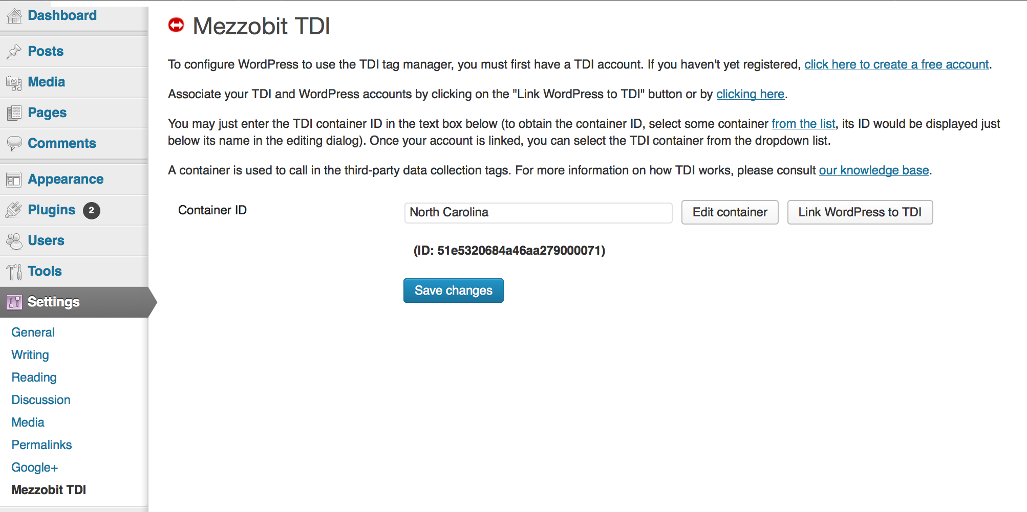 Mezzobit TMS WordPress configuration screen. Simply connect your TDI account to your WordPress implementation and choose the container that you wish to use.