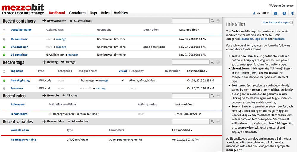 The TMS dashboard shows all of the containers, tags, rules, and variables configured in your account.