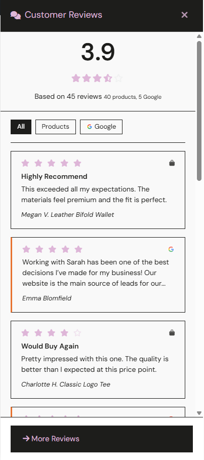 Floating review widget showing reviews from all sources with tabs for Products and Google