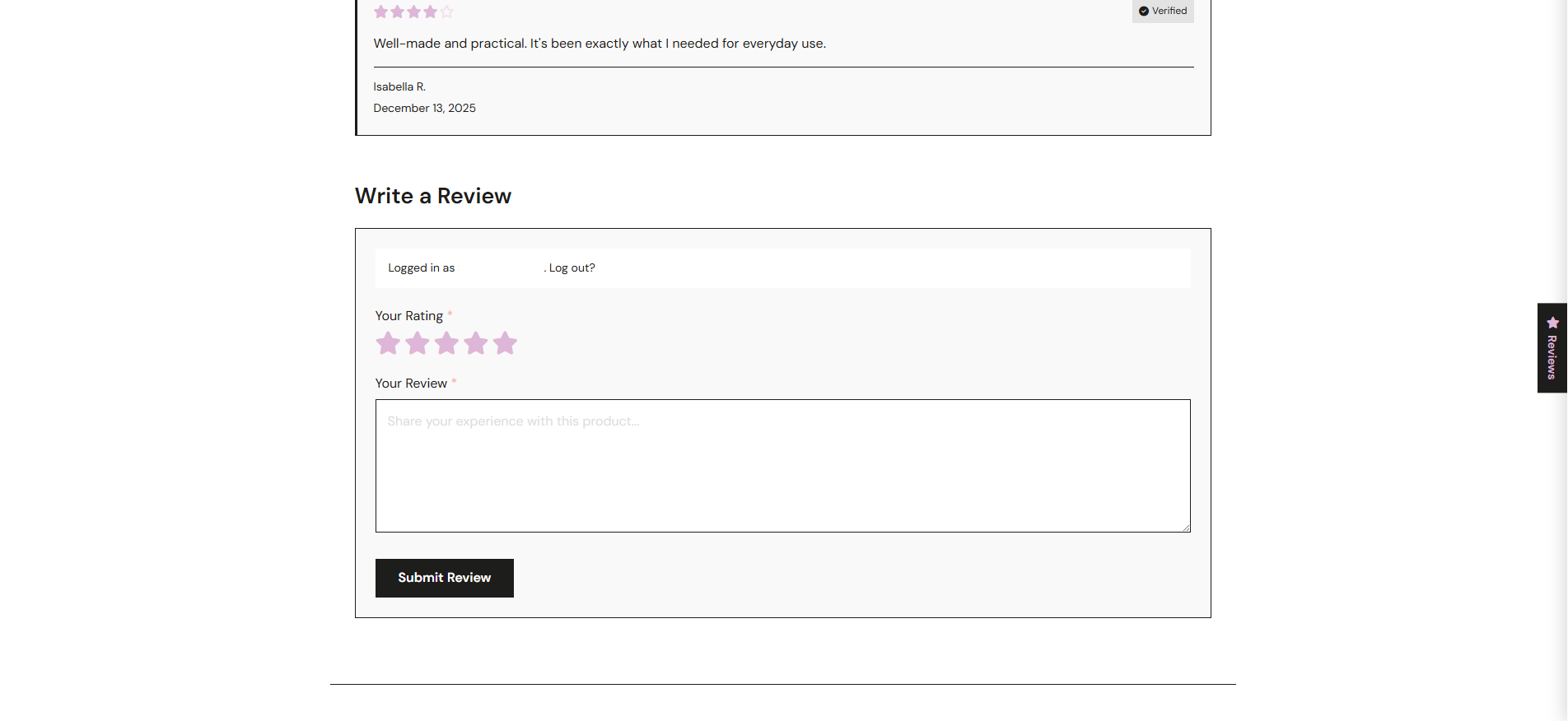 Review submission form with star rating selector and the floating widget alongside