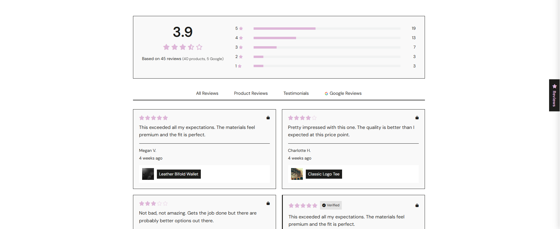 Reviews page with tabs for All Reviews, Product Reviews, Testimonials, and Google Reviews