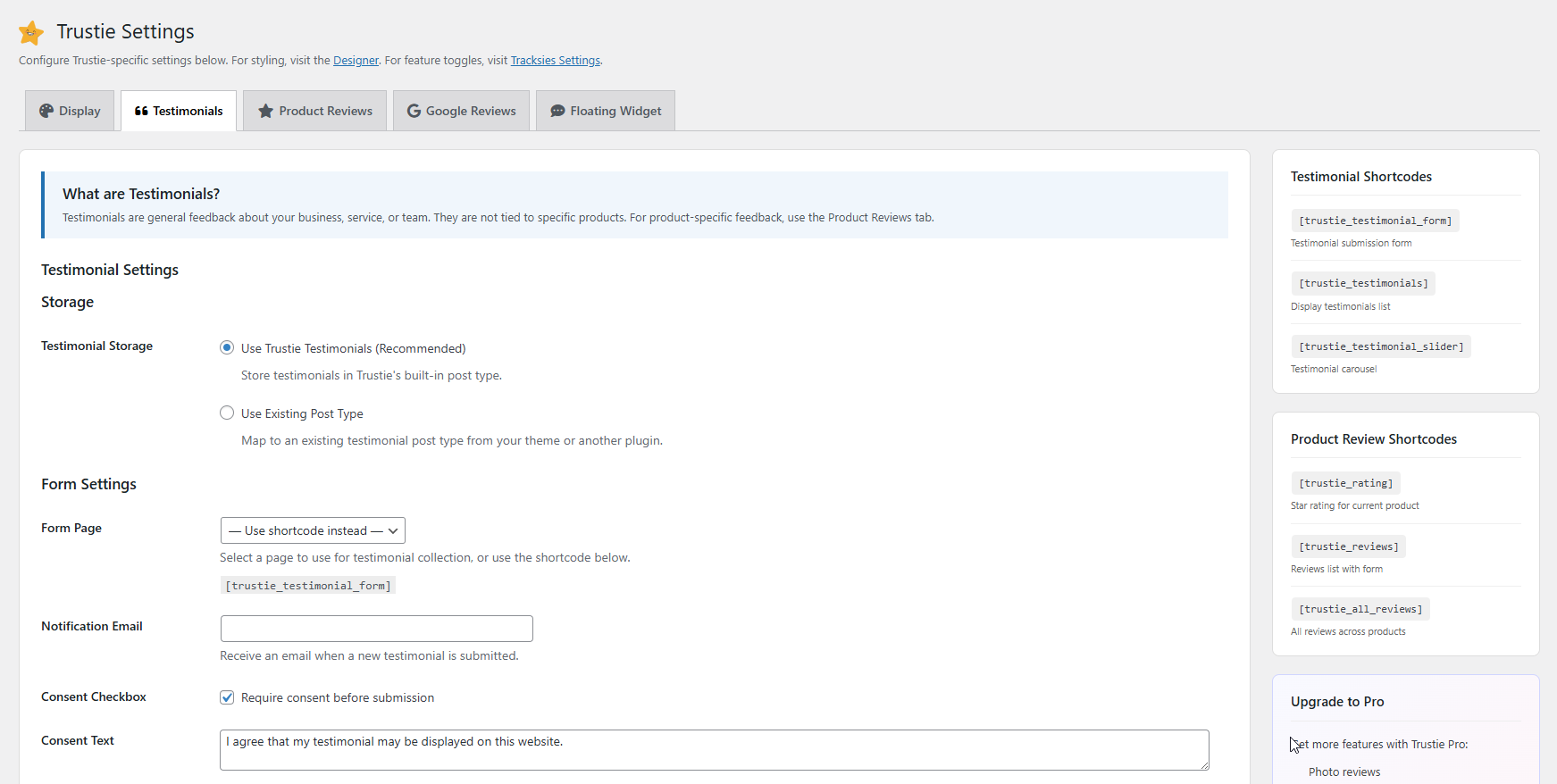 Settings page — testimonial configuration, form settings, shortcode reference sidebar