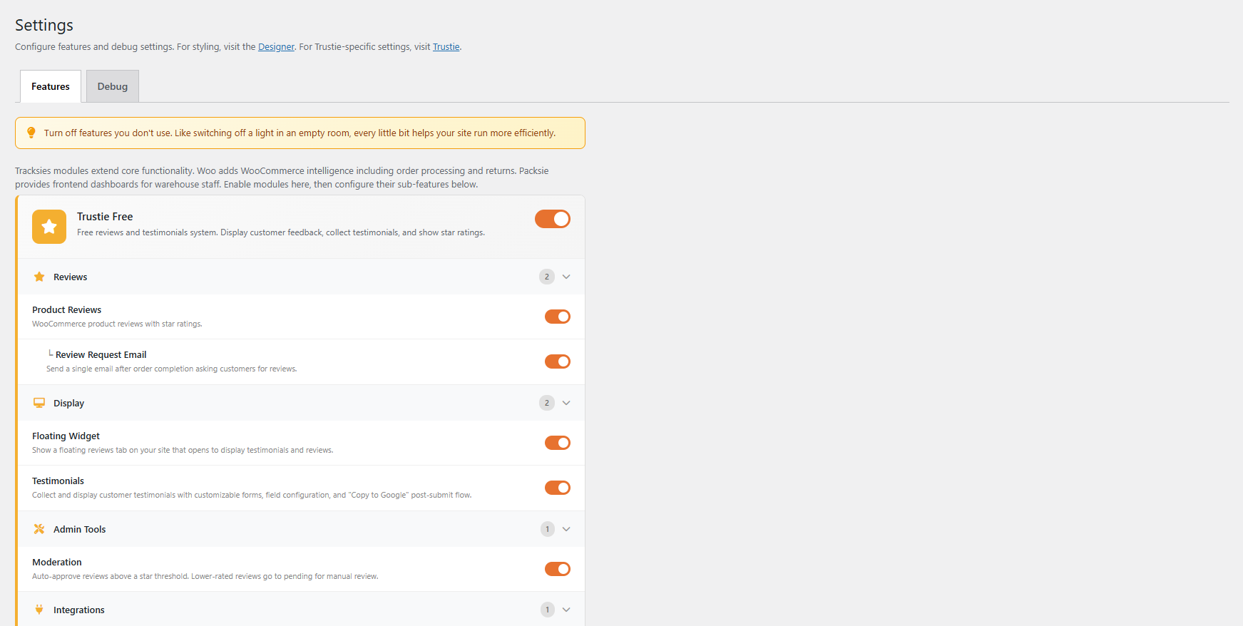 Feature toggles — enable or disable individual Trustie features from the Settings panel