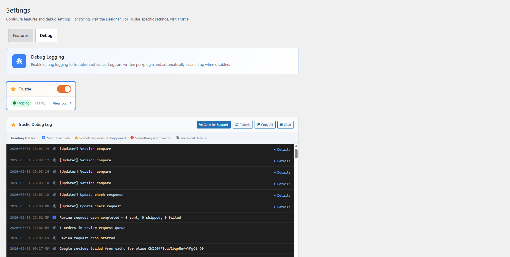 Debug logging — built-in diagnostic log with colour-coded entries for troubleshooting