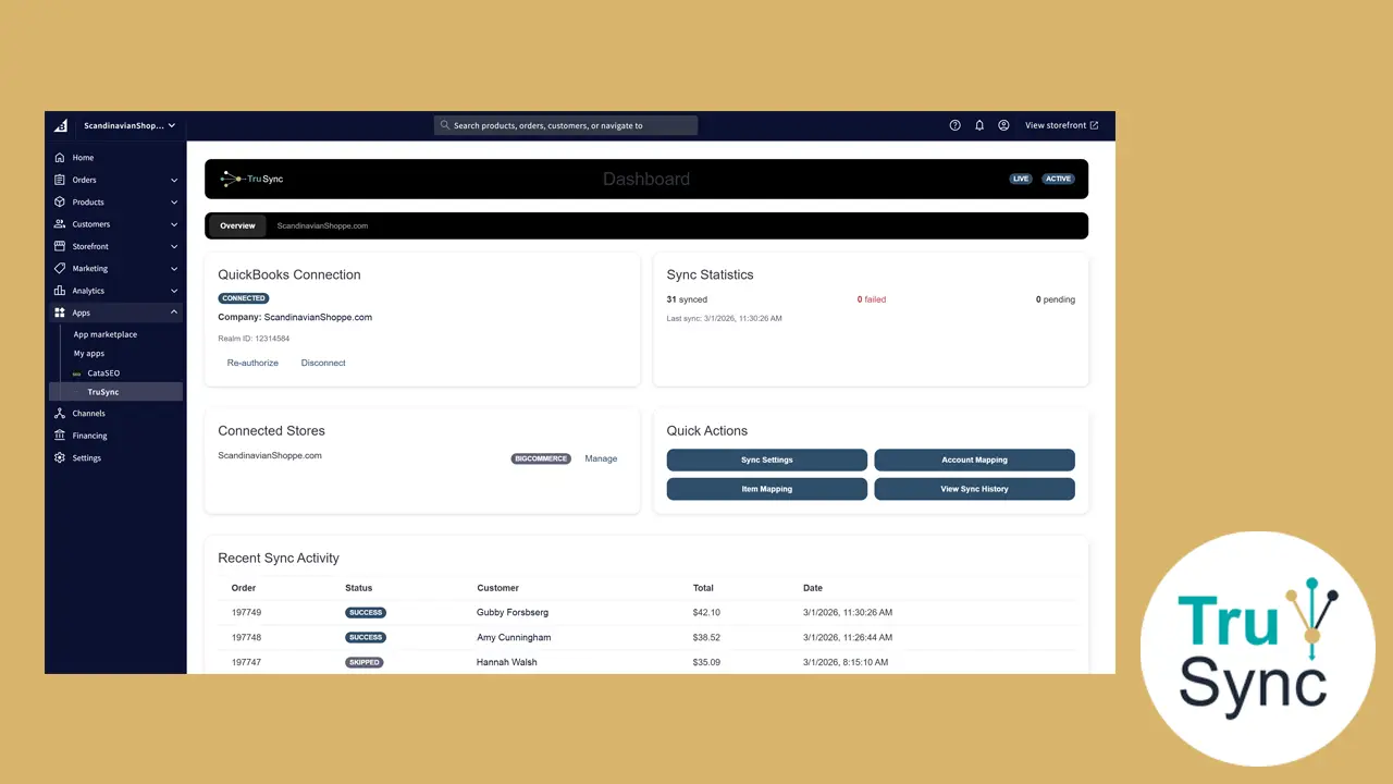 The TruSync dashboard shows your QuickBooks connection, live sync statistics, and recent order activity.