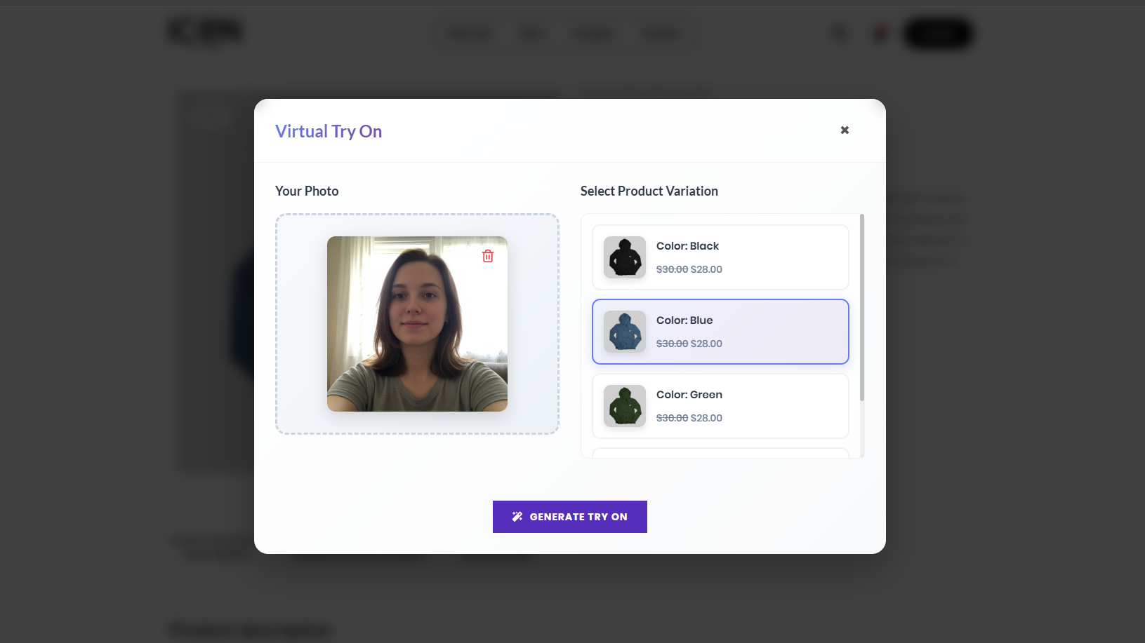 **Try-On Popup** – User uploads photo and selects variation.