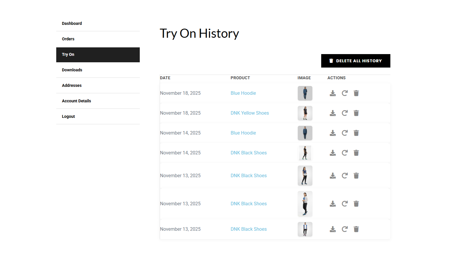 **Account Tab** – User manages saved photos and history.