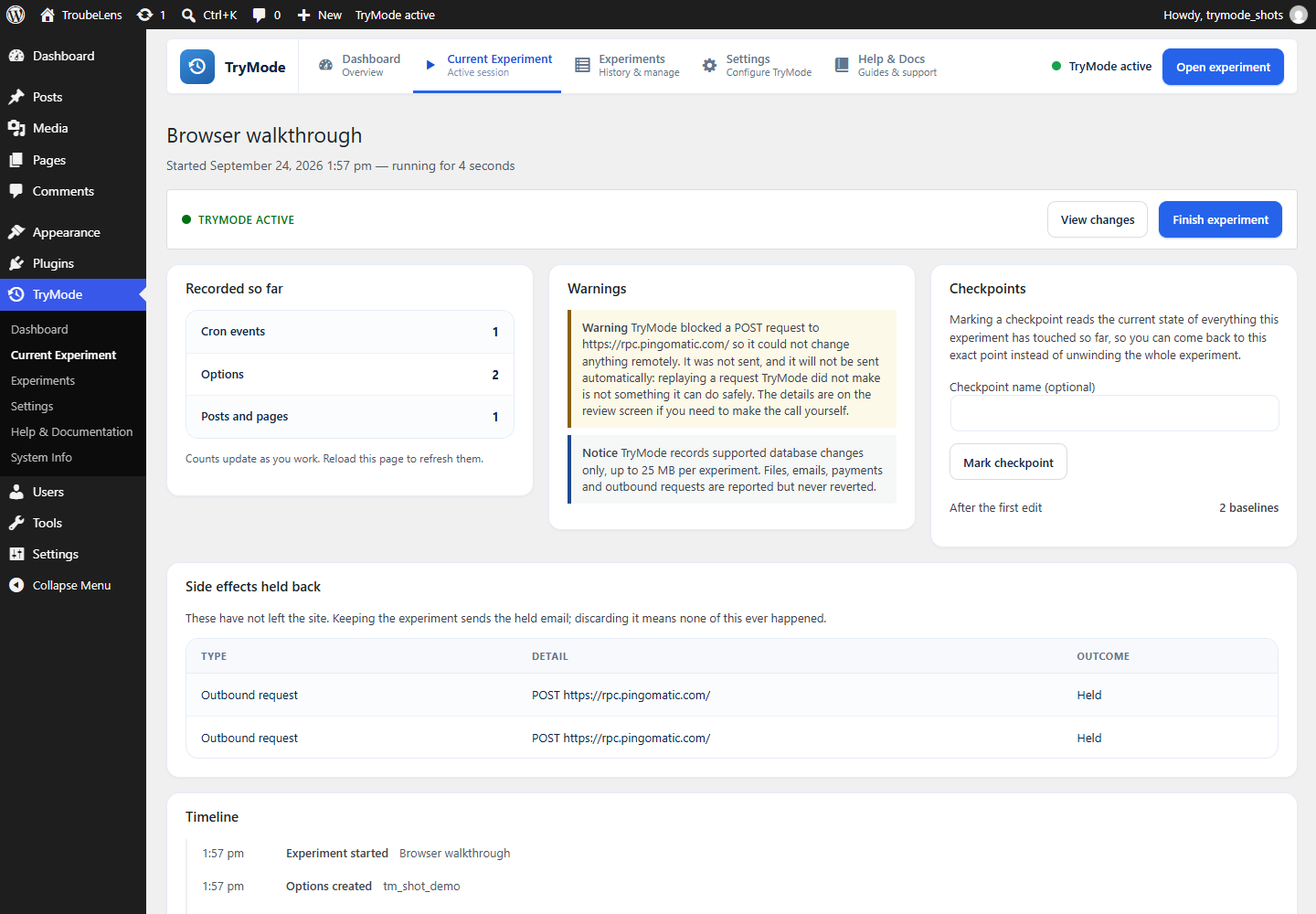 An experiment running: live counts of what has been recorded, checkpoint controls, and the timeline.