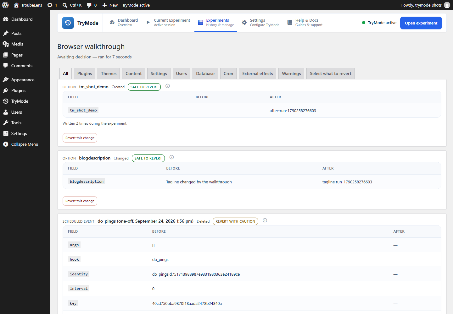 The change list, showing field-level differences rather than two walls of serialized text.