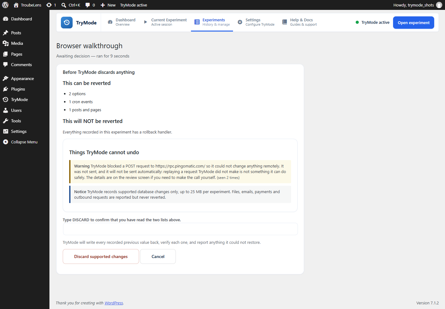 The confirmation screen. Both lists in full, and a revert that will not start until you type DISCARD.
