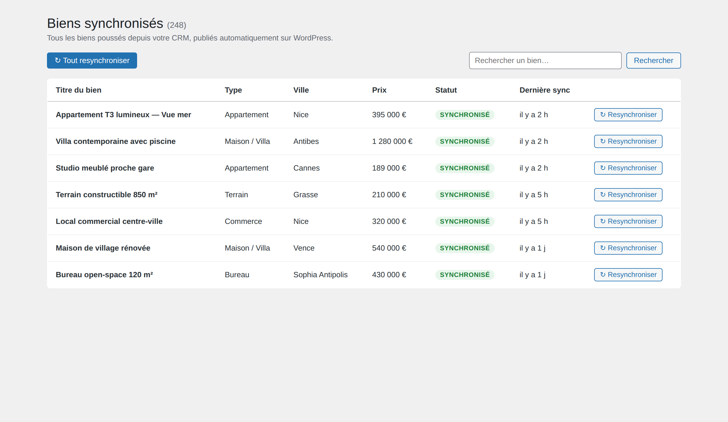 Every property pushed from your CRM, published automatically on WordPress.