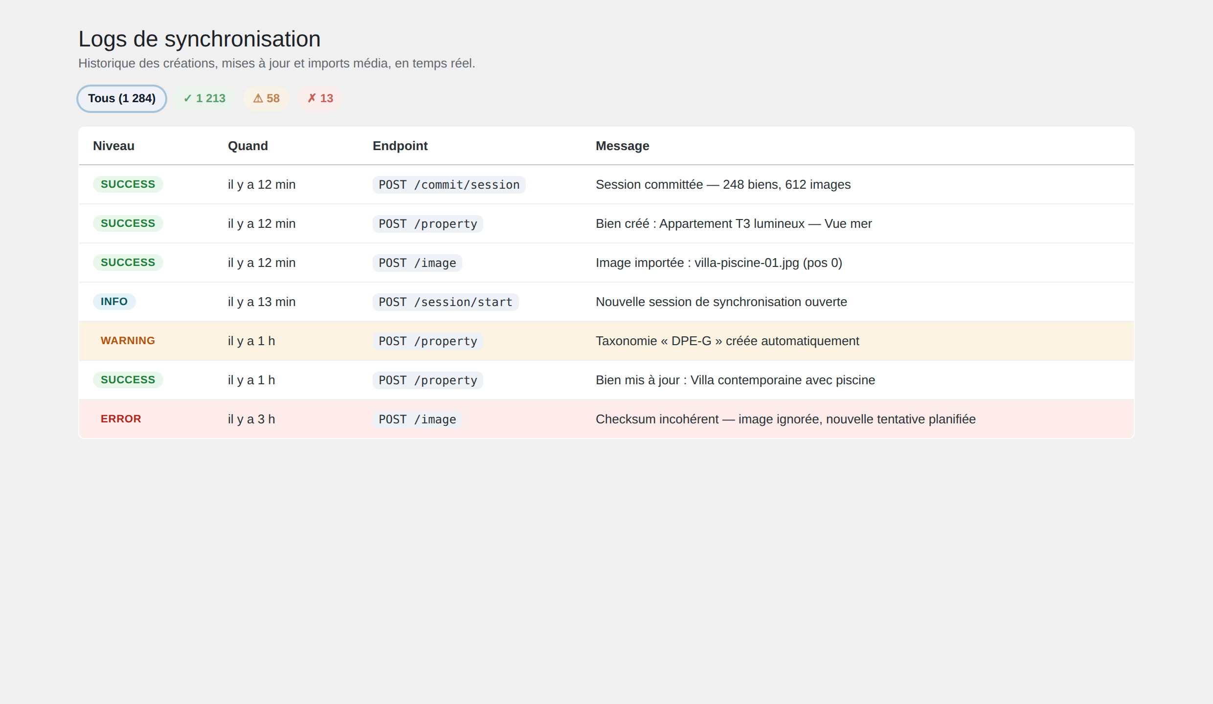 Real-time synchronisation logs and status.