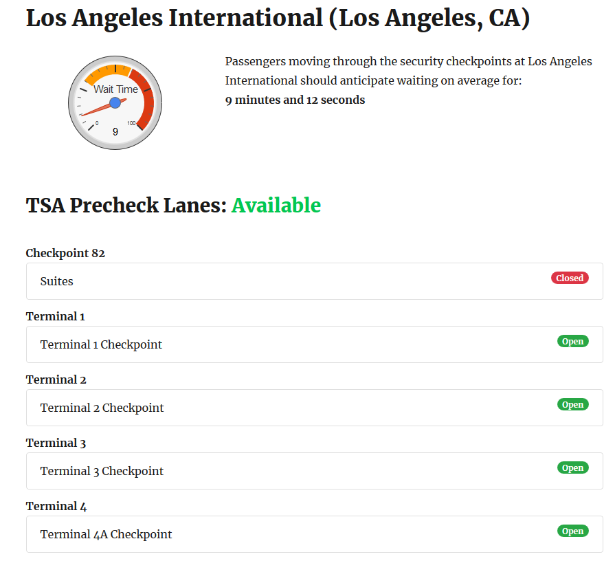 Sample output for current wait times at LAX