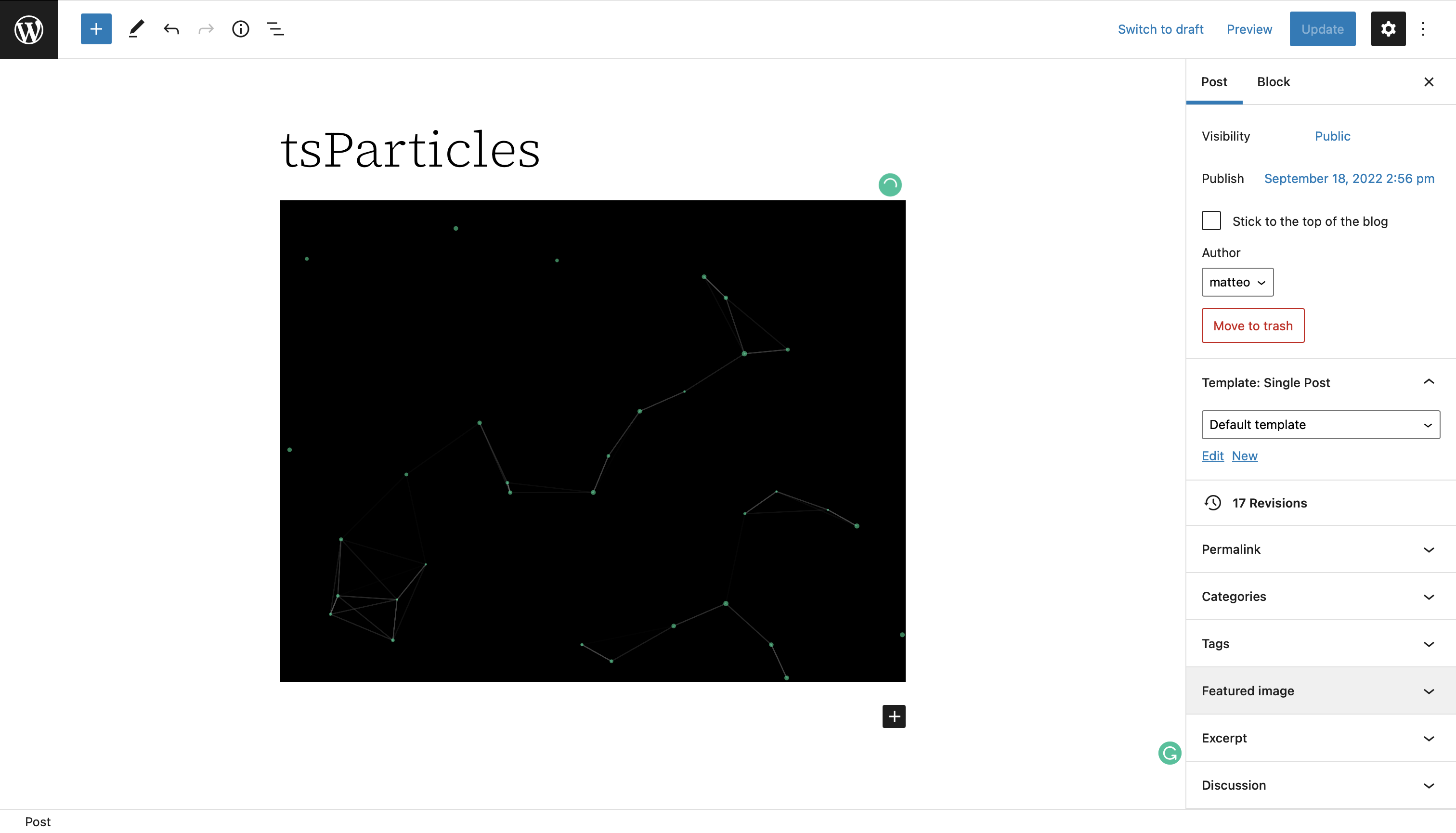 This screenshot shows the particles block in the editor.