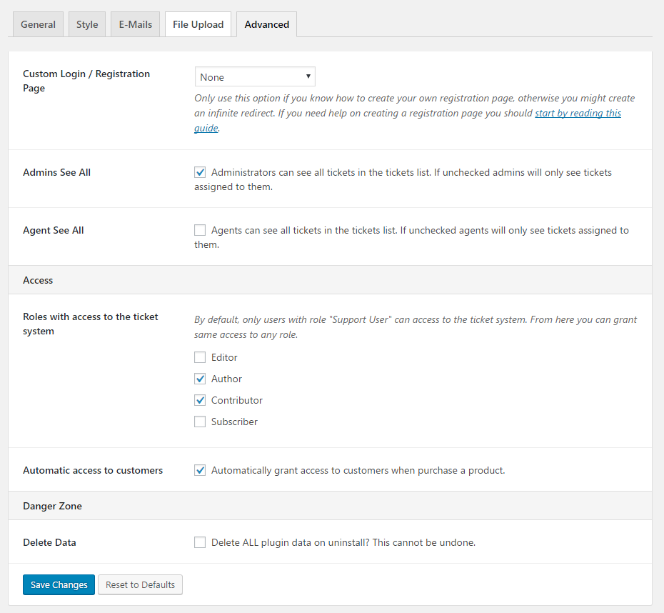 Admin - Tickets -> Settings -> Advanced tab