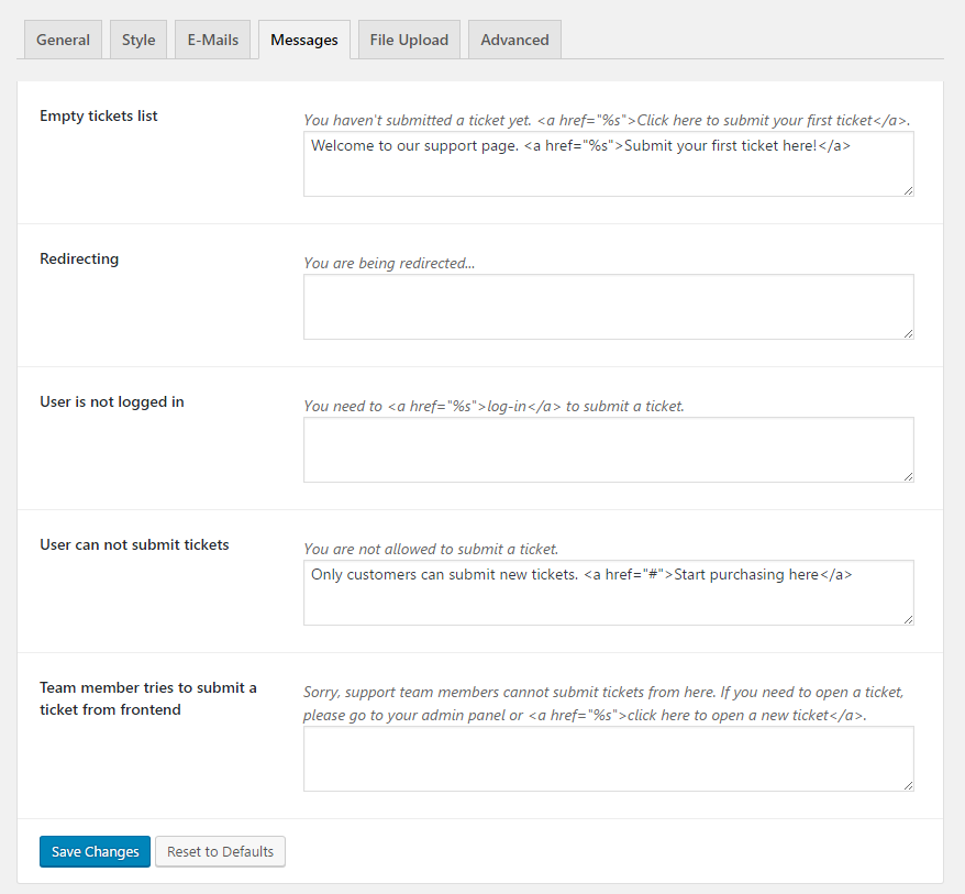 Admin - Tickets -> Settings -> Messages tab
