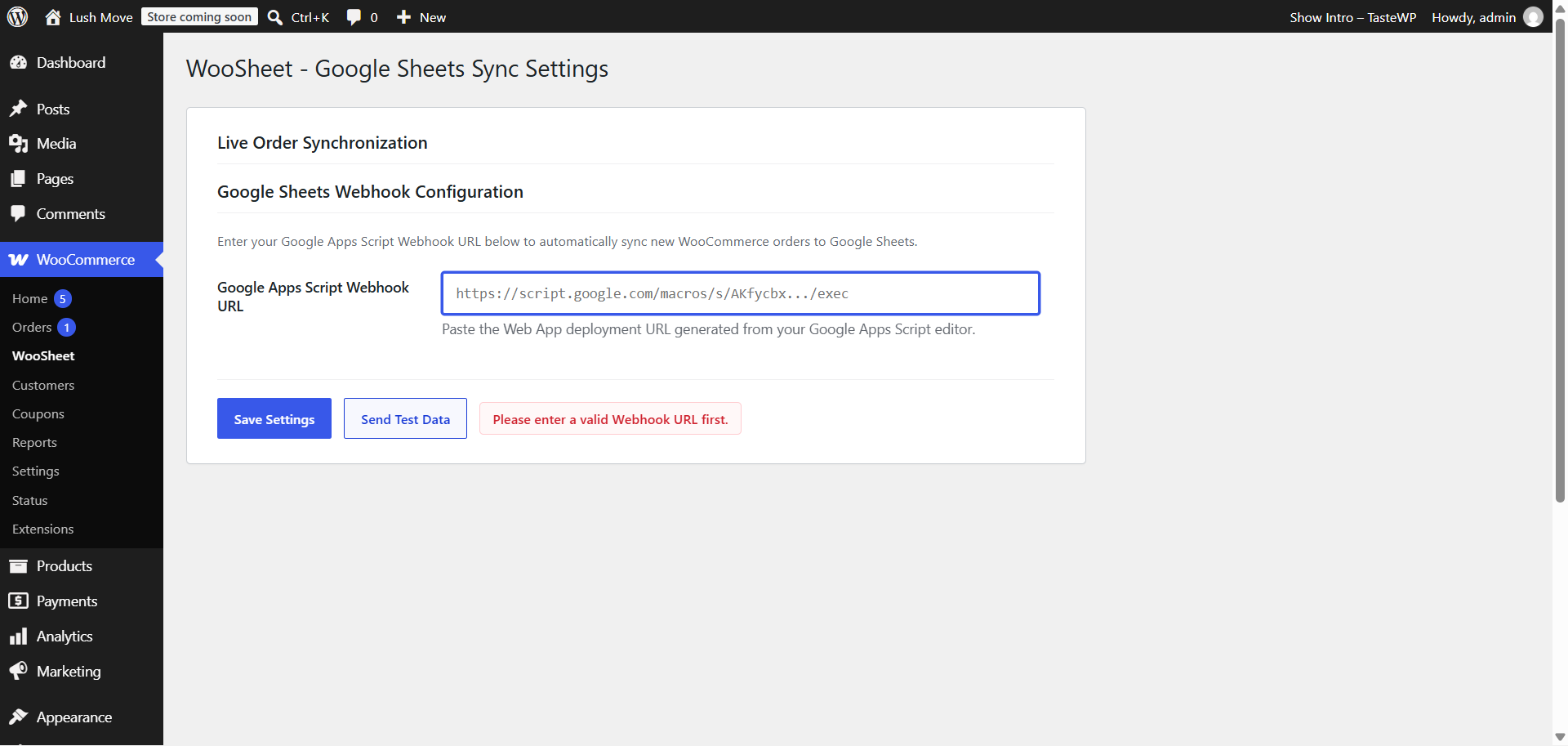 The Send Test Data feature verifying webhook connectivity.